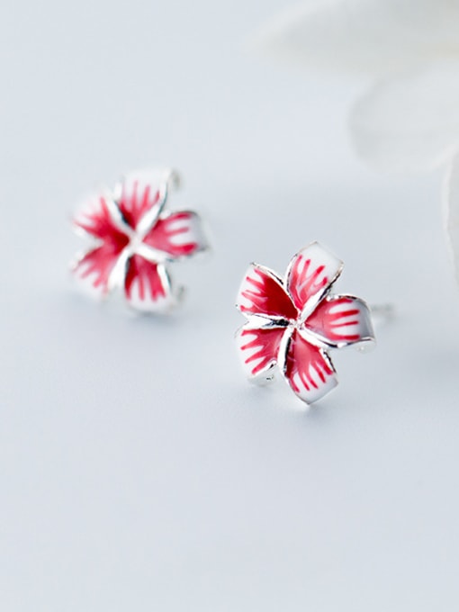 Rosh Women Pink Flower Shaped Glue S925 Silver Stud Earrings 0