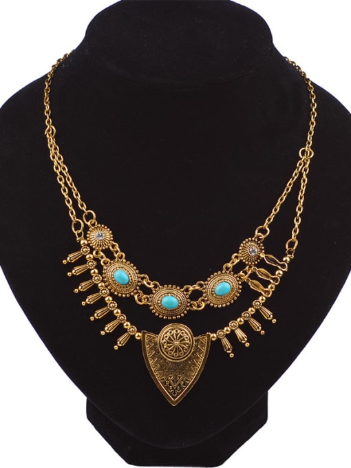 Qunqiu Bohemia style Turquoise stones Double Layers Alloy Necklace 1