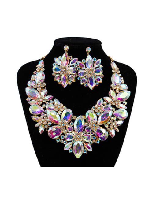 multi-color 2018 Exaggerated Flower Glass Rhinestones Two Pieces Jewelry Set