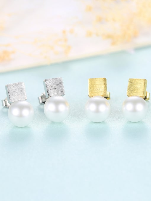 CCUI 925 Sterling Silver With Artificial Pearl Simplistic Square Stud Earrings 3