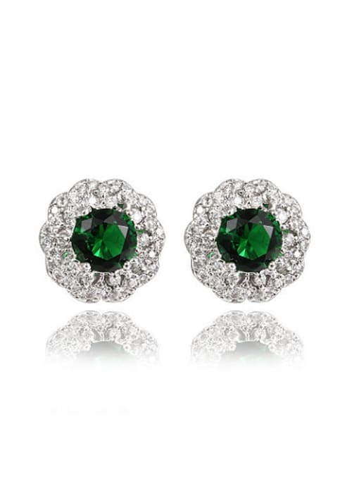 SANTIAGO Green Round Shaped Platinum Plated Zircon Stud Earrings 0