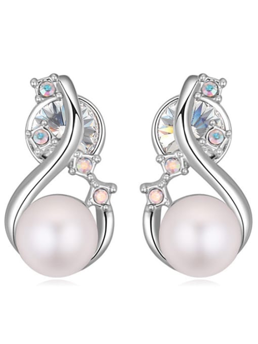 White Personalized Imitation Pearl White Crystals-studded Alloy Stud Earrings