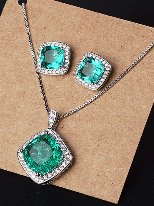 green Ear+Necklace Copper With Glass stone Simplistic Geometric 2 Piece Jewelry Set