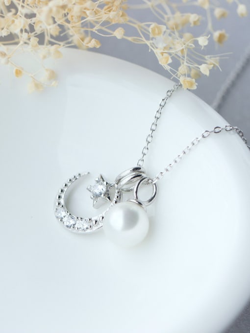 Rosh S925 Silver Star Moon and Shell Pearl  Sweet Necklace Set With CZ 2