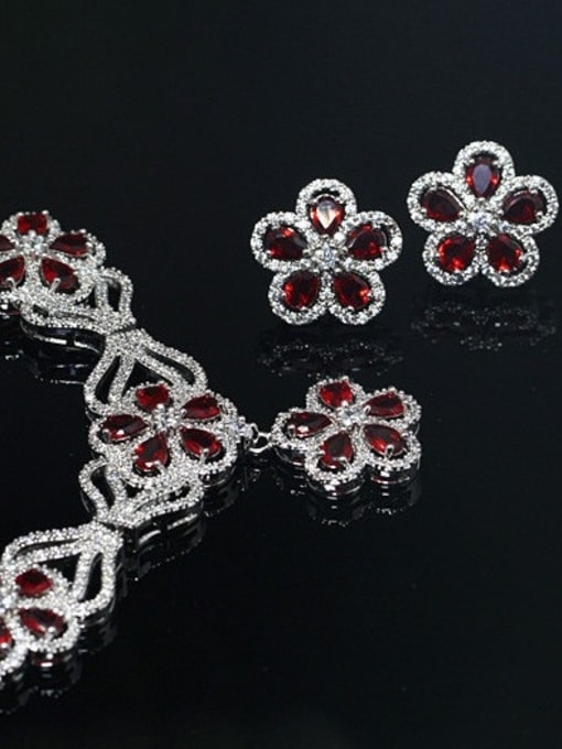 Red Flower Shaped Zircon Two Pieces Jewelry Set