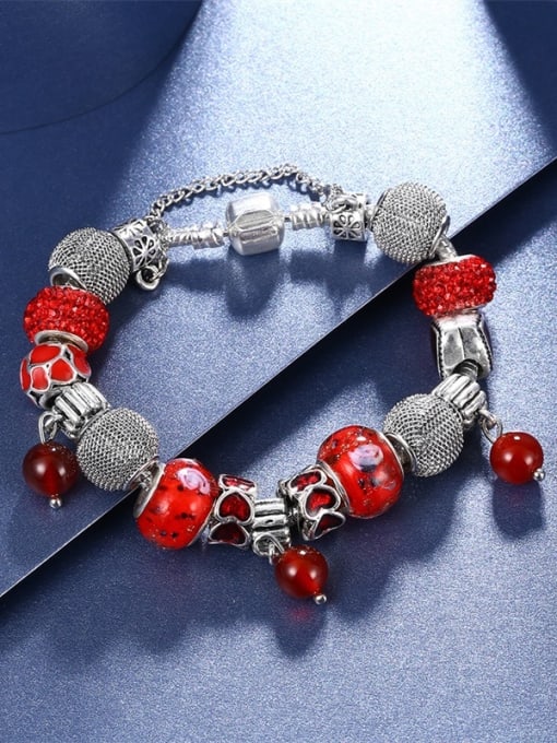 Silvery Exquisite Red Glass Stone Beaded Bracelet
