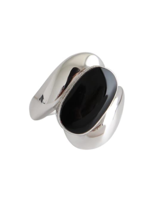 DAKA 925 Sterling Silver With Platinum Plated Vintage Black Epoxy Wide Face Free Size Rings 0