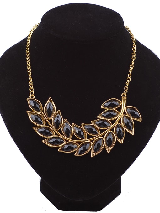 Black Fashion Marquise Stones-studded Leaves Gold Plated Necklace