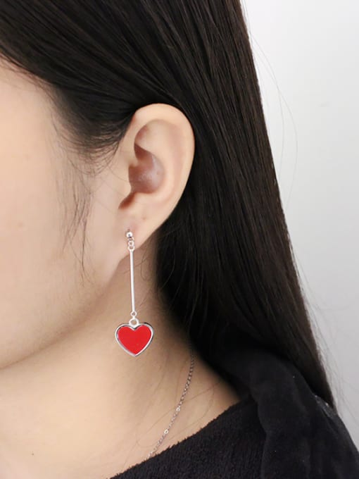 DAKA Asymmetrical Red Heart Silver Stud Earrings 2