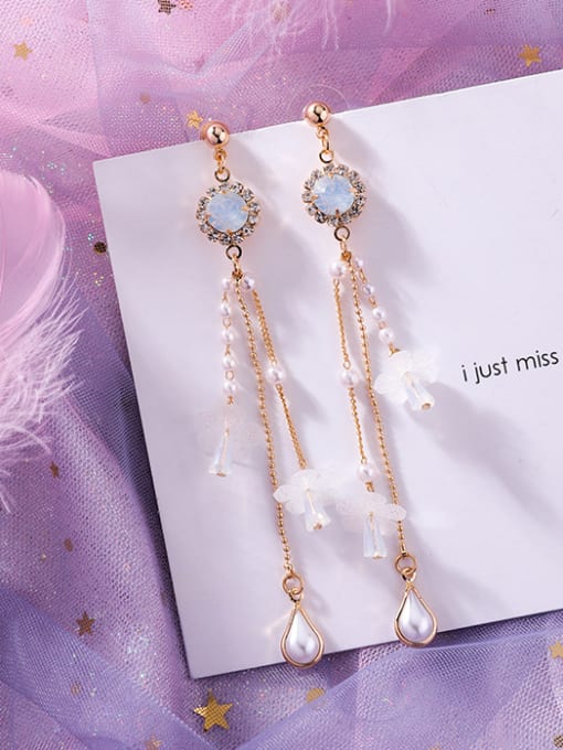 E white (dripping Pearl tassels) Alloy With Rose Gold Plated Trendy Flower Drop Earrings