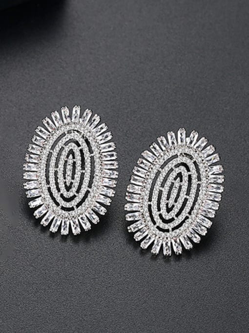 White-T02E24 Copper With Platinum Plated Luxury Oval Cubic Zirconia Cluster Earrings