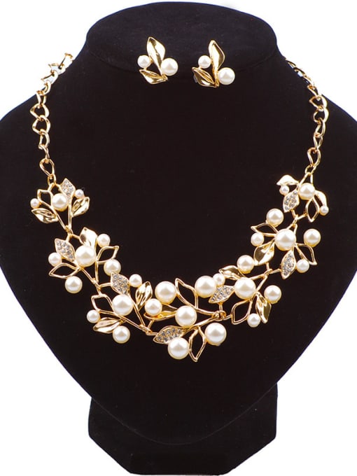 Gold Fashion Elegant Imitation Pearls Leaves Alloy Two Pieces Jewelry Set