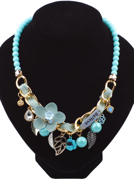 Blue Elegant Cloth Flower Resin Beads Gold Plated Alloy Necklace