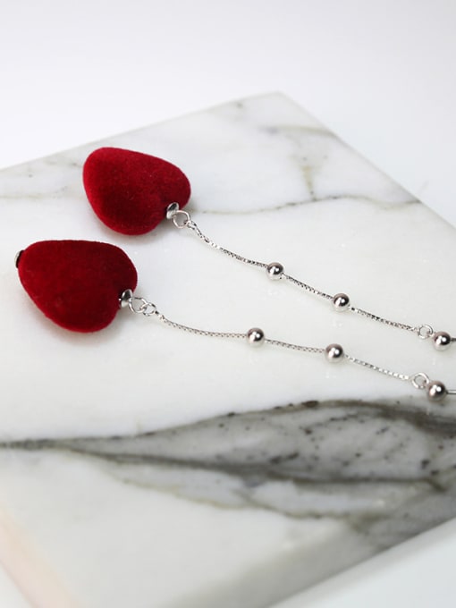 Peng Yuan Fashion Red Suede Heart 925 Silver Drop Earrings 3