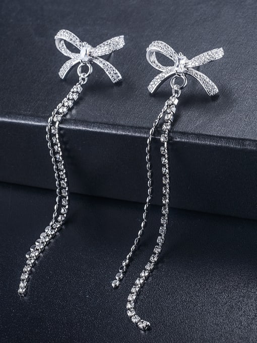 silvery New micro-inlay zircon bow long tassel earrings