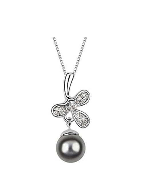 QIANZI Exquisite Imitation Pearl Shiny Crystals-studded Leaf Alloy Necklace 2