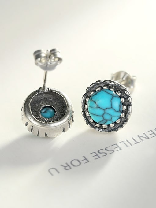 CCUI 925 Sterling Silver With Turquoise Vintage  Round Stud Earrings 3