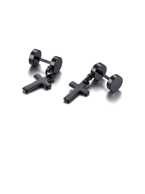 black Stainless Steel With Smooth Simplistic Cross Drop Earrings