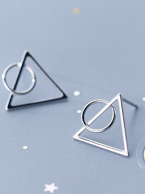 Rosh 925 Sterling Silver With Silver Plated Simplistic Triangle Round Stud Earrings 0