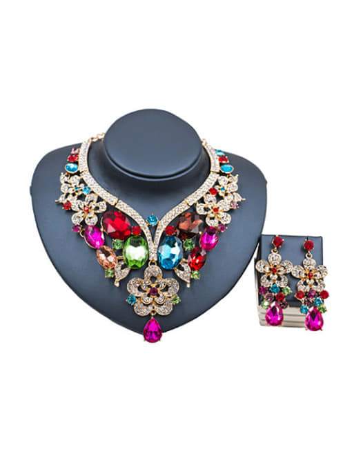 multicolor 2 Oval Glass Rhinestones Flower Two Pieces Jewelry Set