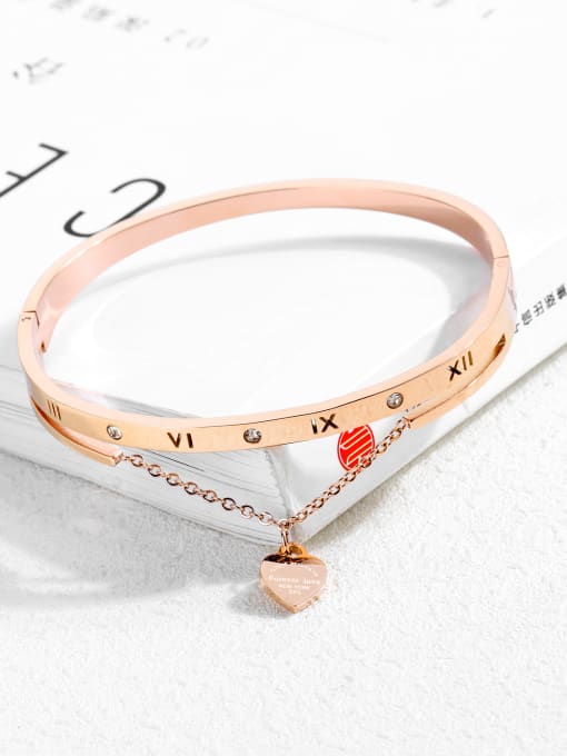 Bracelet Stainless Steel With Rose Gold Plated Simplistic tassels Heart with Rome number Bangles