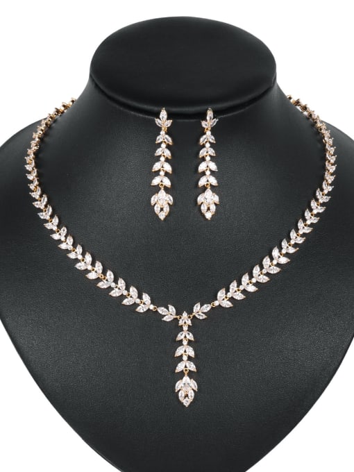 gold Copper With Cubic Zirconia  Simplistic Leaf Earrings And Necklaces 2 Piece Jewelry Set