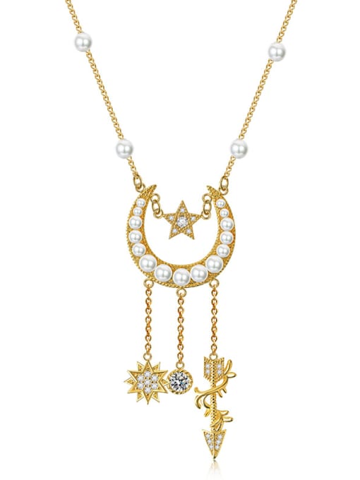 ALI Retro stars moon imitation pearl tassels complex necklace