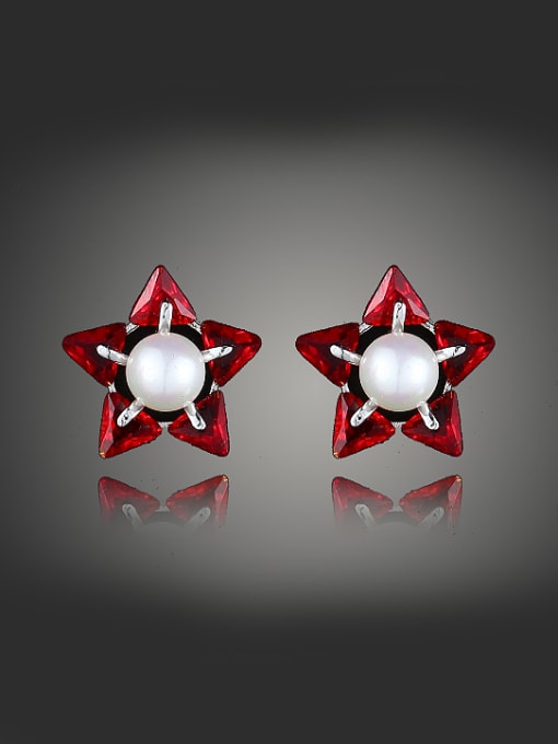 Red Simple Triangle Zirconias Artificial Pearl Star Stud Earrings