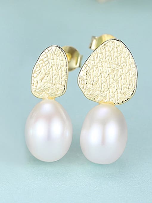 gold-04G09 925 Sterling Silver With Artificial Pearl  Simplistic Geometric Drop Earrings