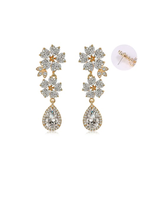 gold Ear Needle Copper With Cubic Zirconia Luxury Flower Cluster Earrings