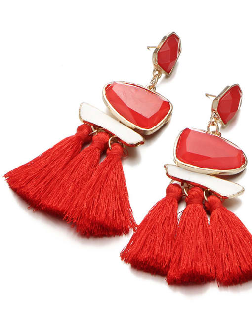 Red Elegant Geometric Glass Stone Tassel Drop Earrings