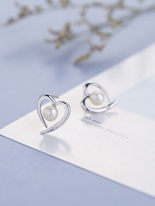 One Silver Simple Hollow Heart Freshwater Pearl 925 Silver Stud Earrings 1