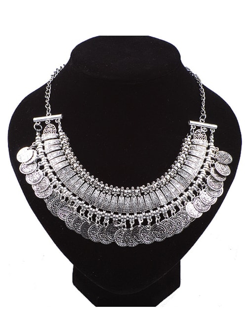antique Silver Exaggerated Retro style Little Coins Tassels Alloy Necklace