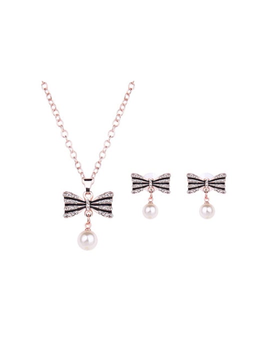 BESTIE Alloy Rose Gold Plated Fashion Artificial Pearl Bowknot Two Pieces Jewelry Set 0