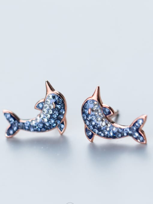 Rose Gold Pure silver Rhinestone gradually change the Blue Dolphin Earrings