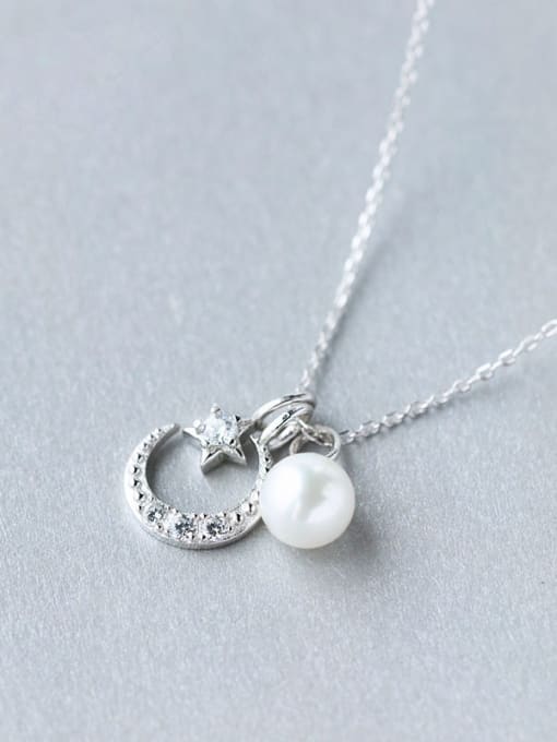 Rosh S925 Silver Star Moon and Shell Pearl  Sweet Necklace Set With CZ 0