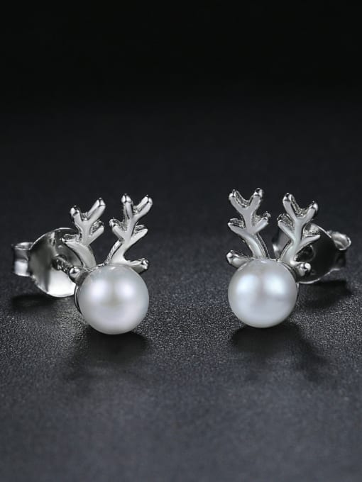 ZK Tiny Deer Antlers White Imitation Pearl 925 Sterling Silver Stud Earrings 0