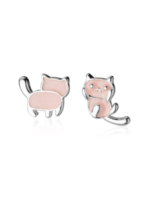 Rosh 925 Sterling Silver With Platinum Plated Cute Asymmetrical Pink Kitten Stud Earrings 3
