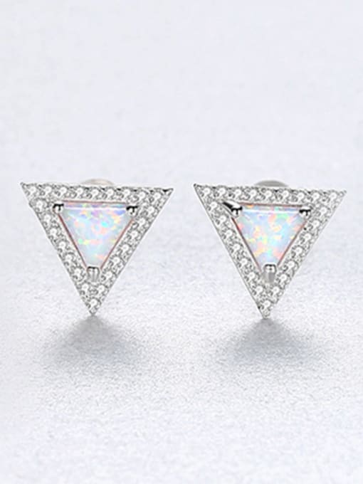 White 925 Sterling Silver With Opal Simplistic Triangle Stud Earrings