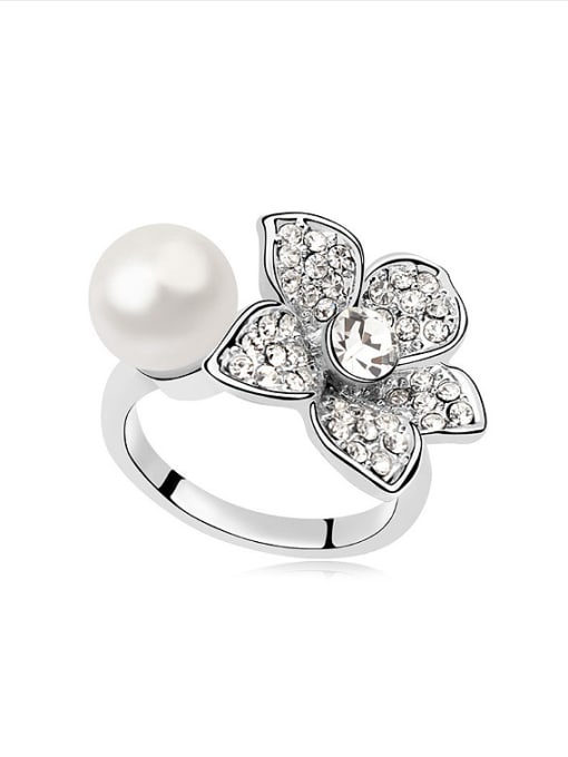 QIANZI Fashion Imitation Pearl Crystals-covered Flower Alloy Ring