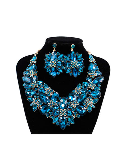 Blue 2018 Exaggerated Flower Glass Rhinestones Two Pieces Jewelry Set