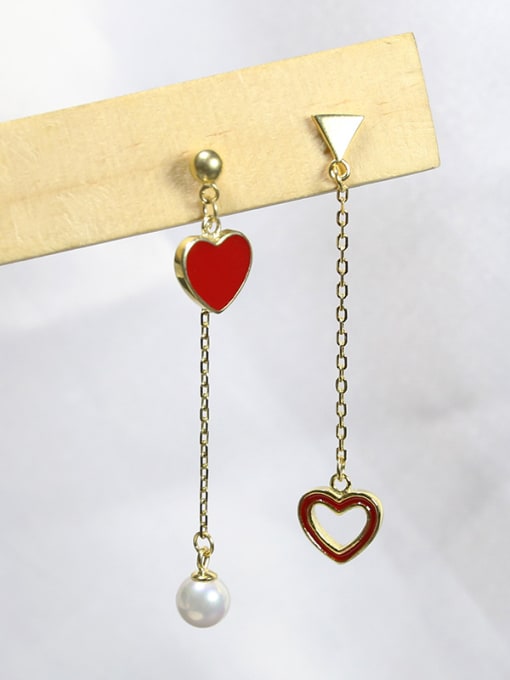 Peng Yuan Asymmetrical Red Heart White Freshwater Pearl 925 Silver Drop Earrings 0