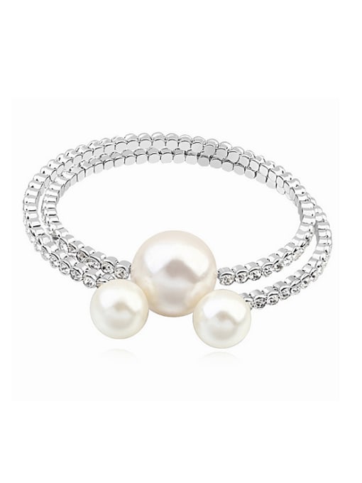 QIANZI Simple White Imitation Pearls Tiny Cubic Crystals-studded Alloy Bangle 0