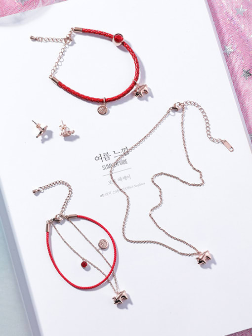 Girlhood Titanium steel With Rose Gold Plated Cute Animal Pig Red rope Bracelets 0
