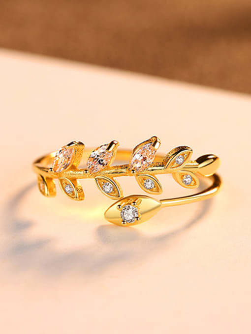gold 925 Sterling Silver With Cubic Zirconia Delicate Leaf Free Size  Rings