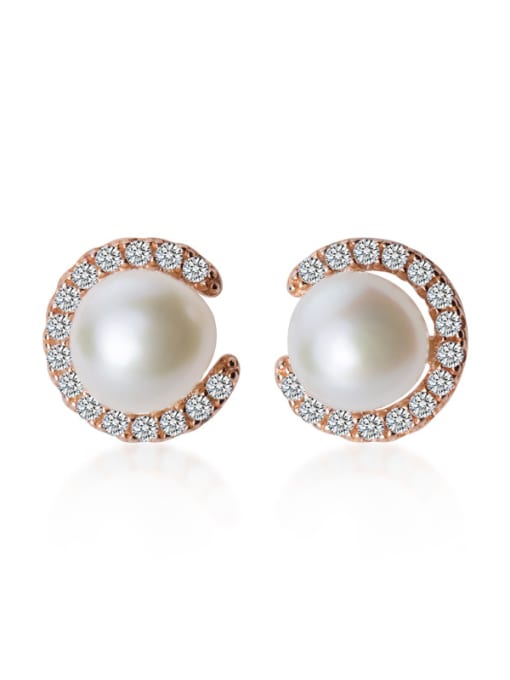 Rosh 925 Sterling Silver With RArtificial Pearl  Simplistic Round Stud Earrings 2