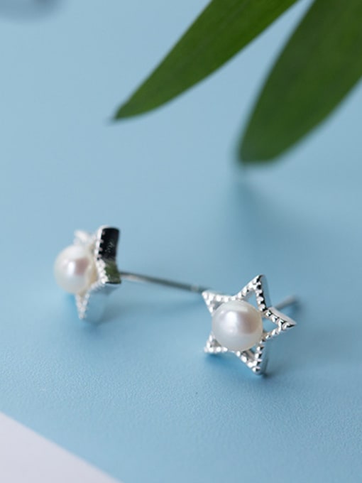 white Trendy Star Shaped Artificial Pearl Silver Stud Earrings