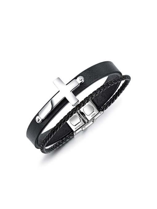 Open Sky Personalized Woven Black Artificial Leather Two-band Cross Bracelet 0