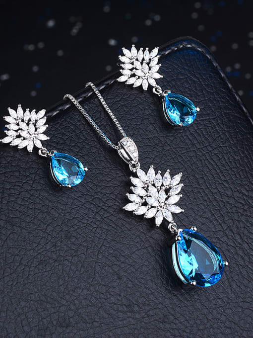 Blue+Earring/Necklace 2PCS Copper With Cubic Zirconia Delicate Water Drop 2 Piece Jewelry Set