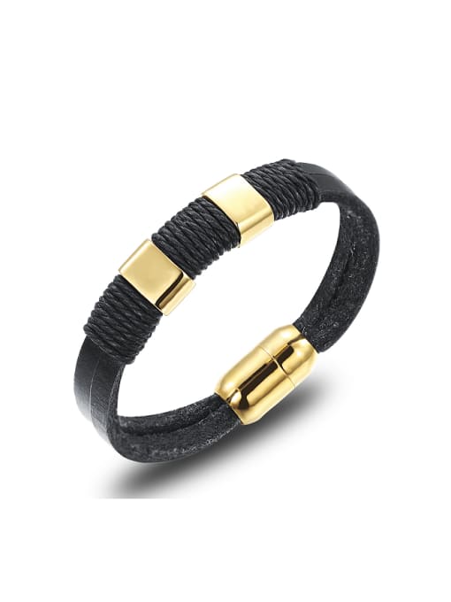 gold Simple Black Artificial Leather Sporty Men Bracelet